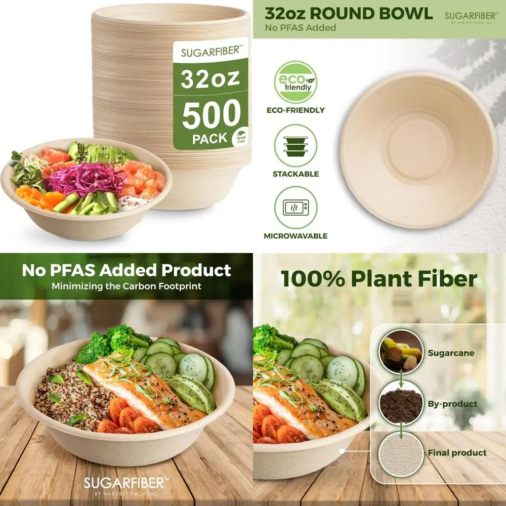 

Eco-Friendly Compostable Disposable Bagasse Soup Bowls, Heavy-Duty 32oz Round Paper Bowls, PFAS Free, Large Capacity for Harvest