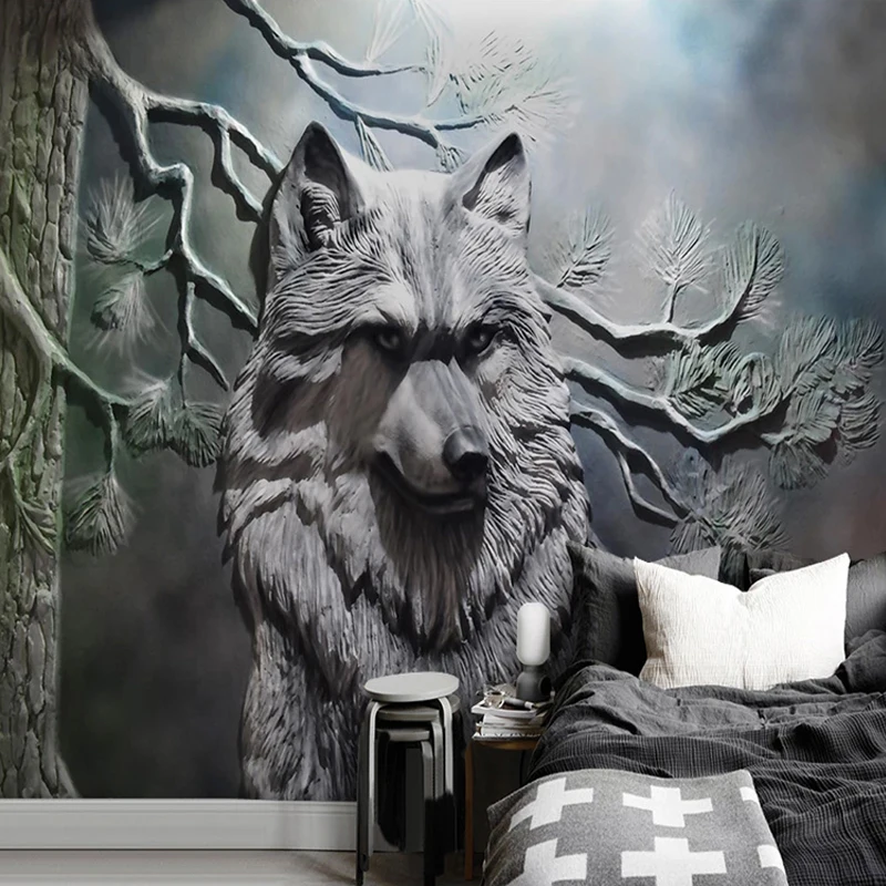 3D Wallpaper European Style Stereo Relief Forest Wolf Photo Wall Murals Living Room Dining Room Creative Art Wall Paper Frescoes