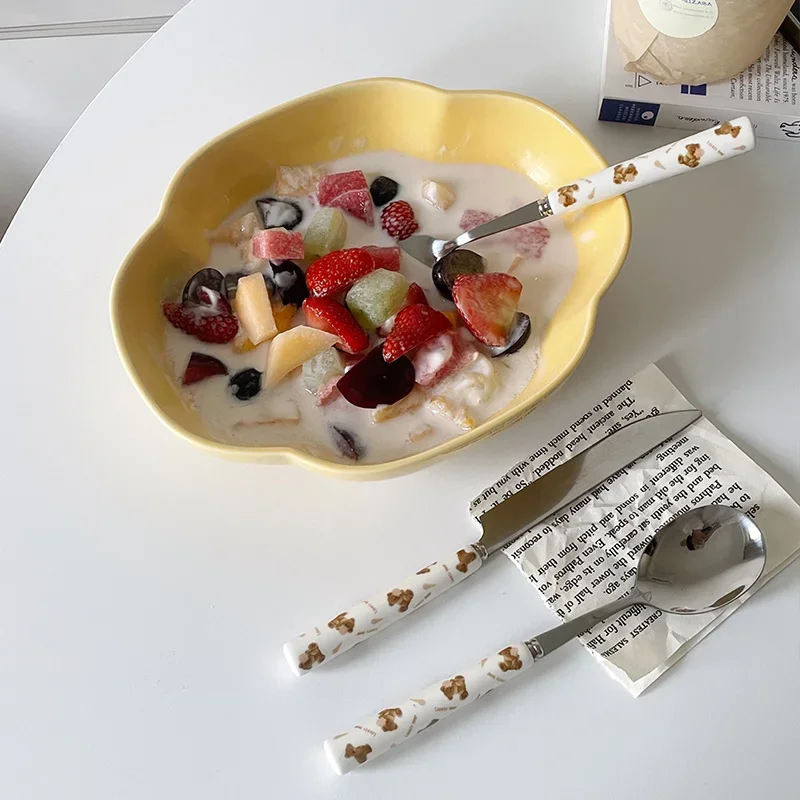 Cute Bear Stainless Steel Knife Fork Spoon with Ceramics Handle Lunch Tableware Coffee Dessert Fork Spoon Students Cutlery Set