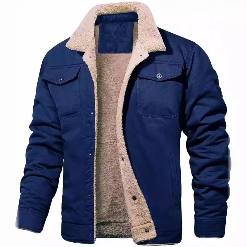 Men's Jackets Winter Fleece-lined Windproof Warm Coats Solid Color Single Breasted Tooling Casual Jackets Comfortable Men Tops