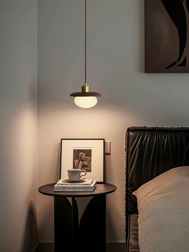 

White Glass LED Pendant lights Red oak Oval Pendant Light Copper suction cup Living Dining Room Wabi-sabi Hanging lamp Fixture