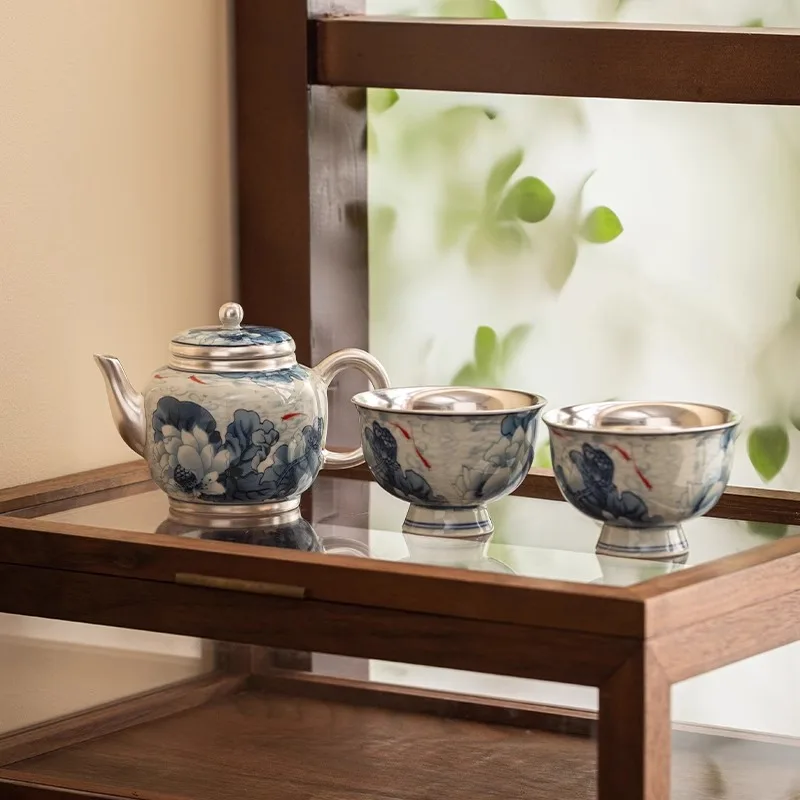

999 Pure Silver Tea Pot, Kung Fu Tea Set, High-End Blue And White Porcelain, Handmade Silver Plated Single Pot Tea Cup Gift Box