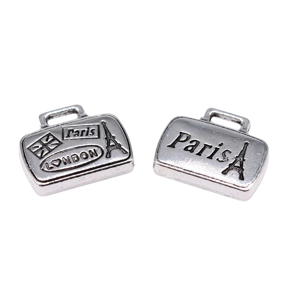 WYSIWYG 5pcs 16x14mm Antique Silver Color Tourist Souvenirs Paris London Luggage Bags Charms Pendant For DIY Jewelry Making