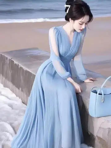 높은 품질 2025 여름 패션 여성 블루 컬러 쉬폰 드레스 절묘한 아름다운 휴가 스타일 우아한 긴 Vestidos 여성