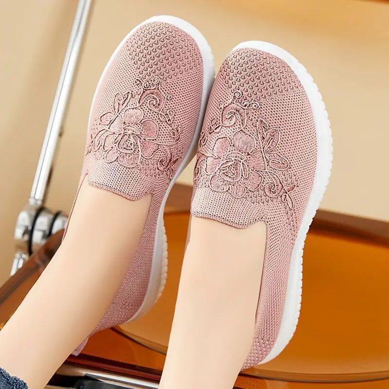 

Knitted Casual Flats Women's Breathable Ballet Shoes Comfortable Round Toe Lightweight Slip On Loafers Woman Embroidered Shoes