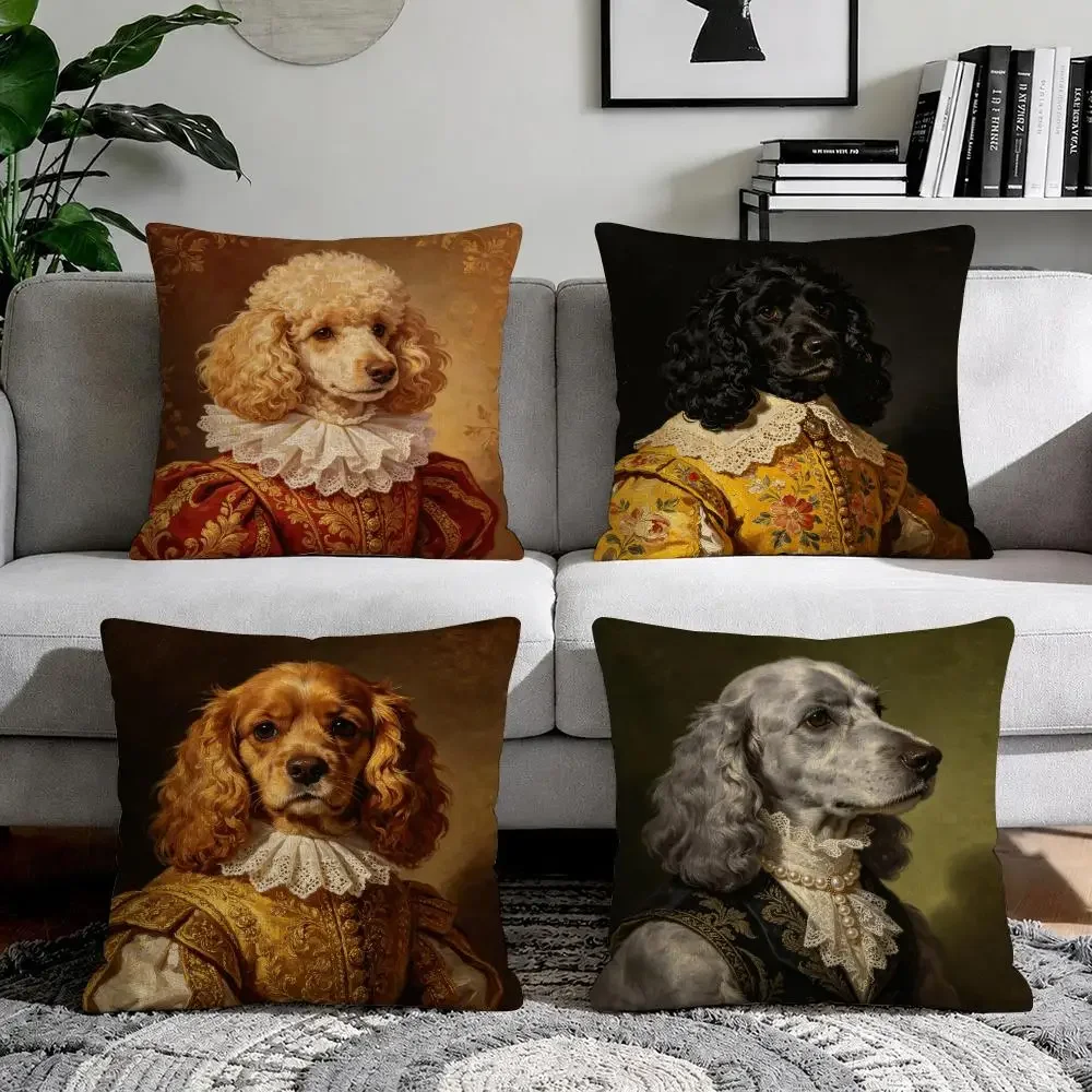 Renaissance Royal Noble Dogs Cushion Cover Natural Breathable Durable Linen Printed Decor Pillow Case Sofa Bedroom
