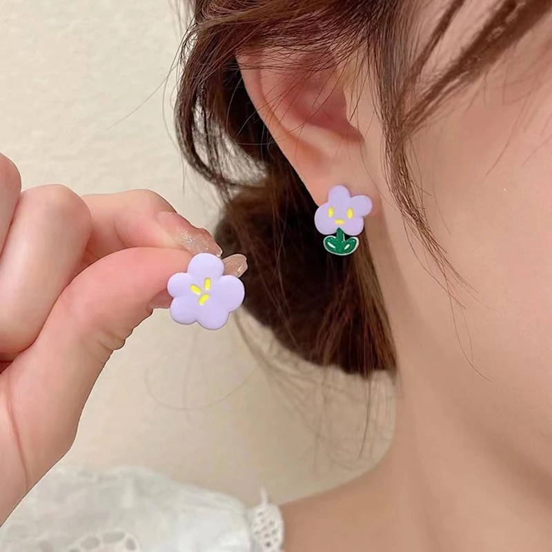 New Design S925 Purple Flower Earrings For Women Korean Fashion Earing Back Hanging Earring Girls Exquisite Jewelry