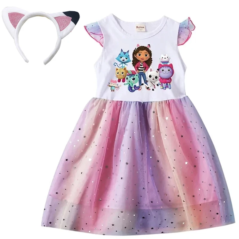 Kids Gabby's Doll House Cosplay Costume  Cartoon Gabby Printed Girl Dresses Clothes Children Fly Sleeve Casual Dress + Headband