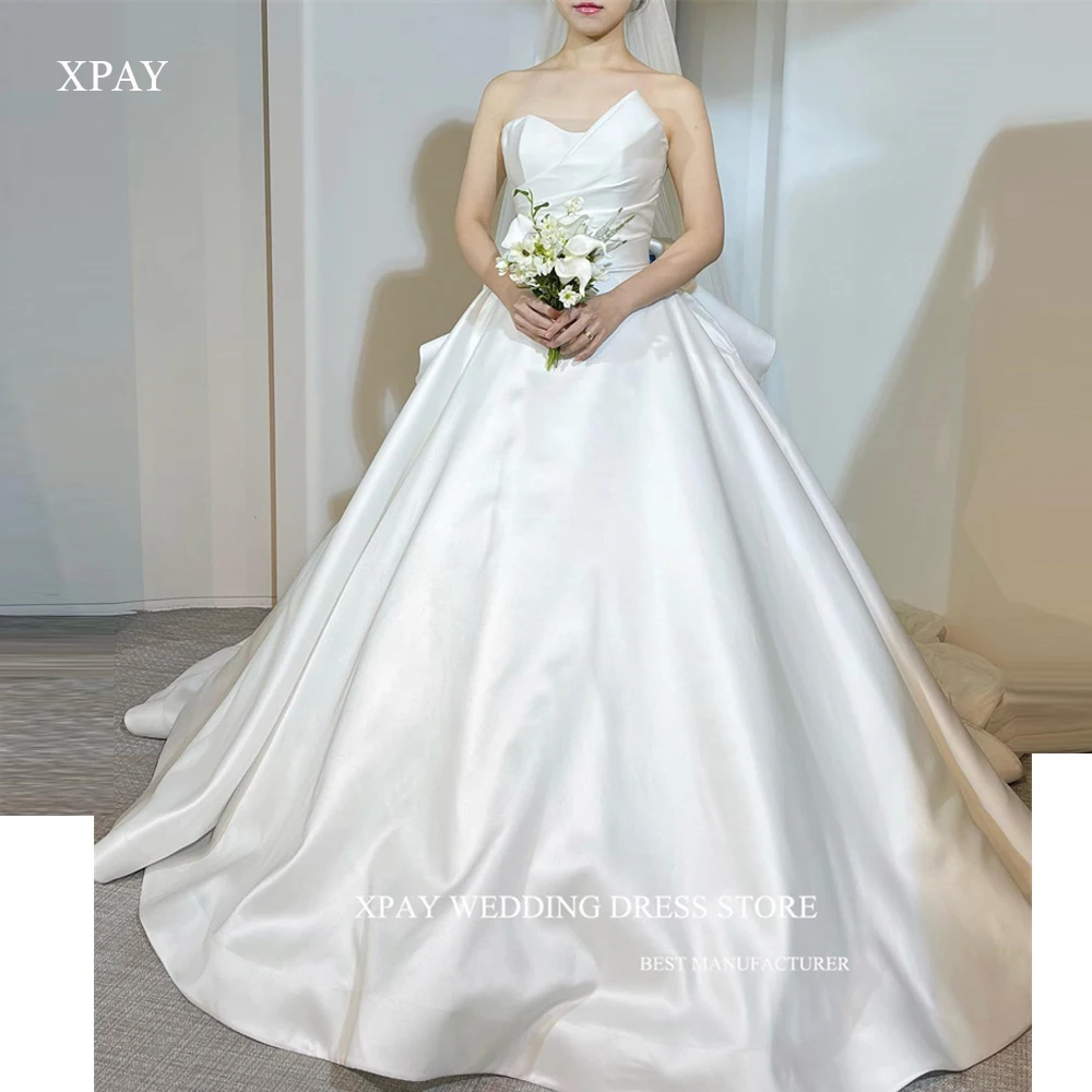 

XPAY A Line Korea Wedding Dresses Photoshoot Sweetheart Satin 100 CM Long Train Corset Back Simple Bridal Gowns Tulle Veil