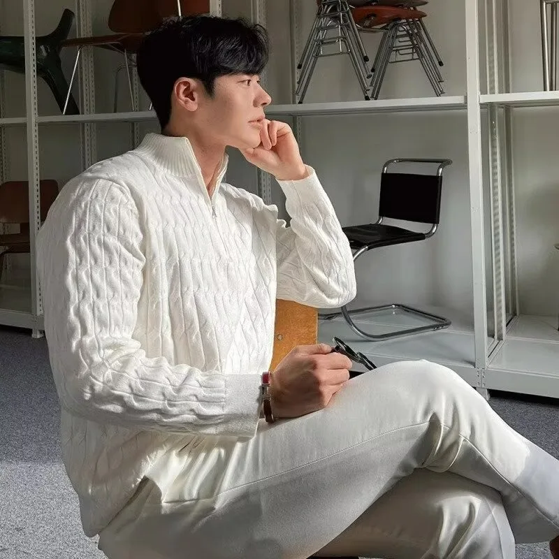 

Autumn Clothing Men's Knitted Jacquard Zipper Pullover Sweater Premium Vintage Solid Color Stand Collar Long Sleeve Luxury