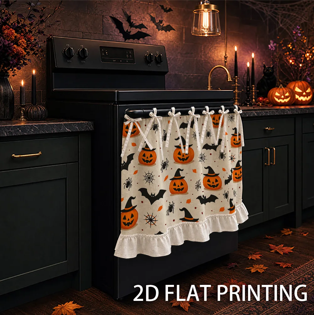 1PC Kitchen Stove Curtain, Cabinet Curtain, Apron. Featuring a 2D Graphic Design Featuring Halloween-Themed Pumpkins, Bats and S