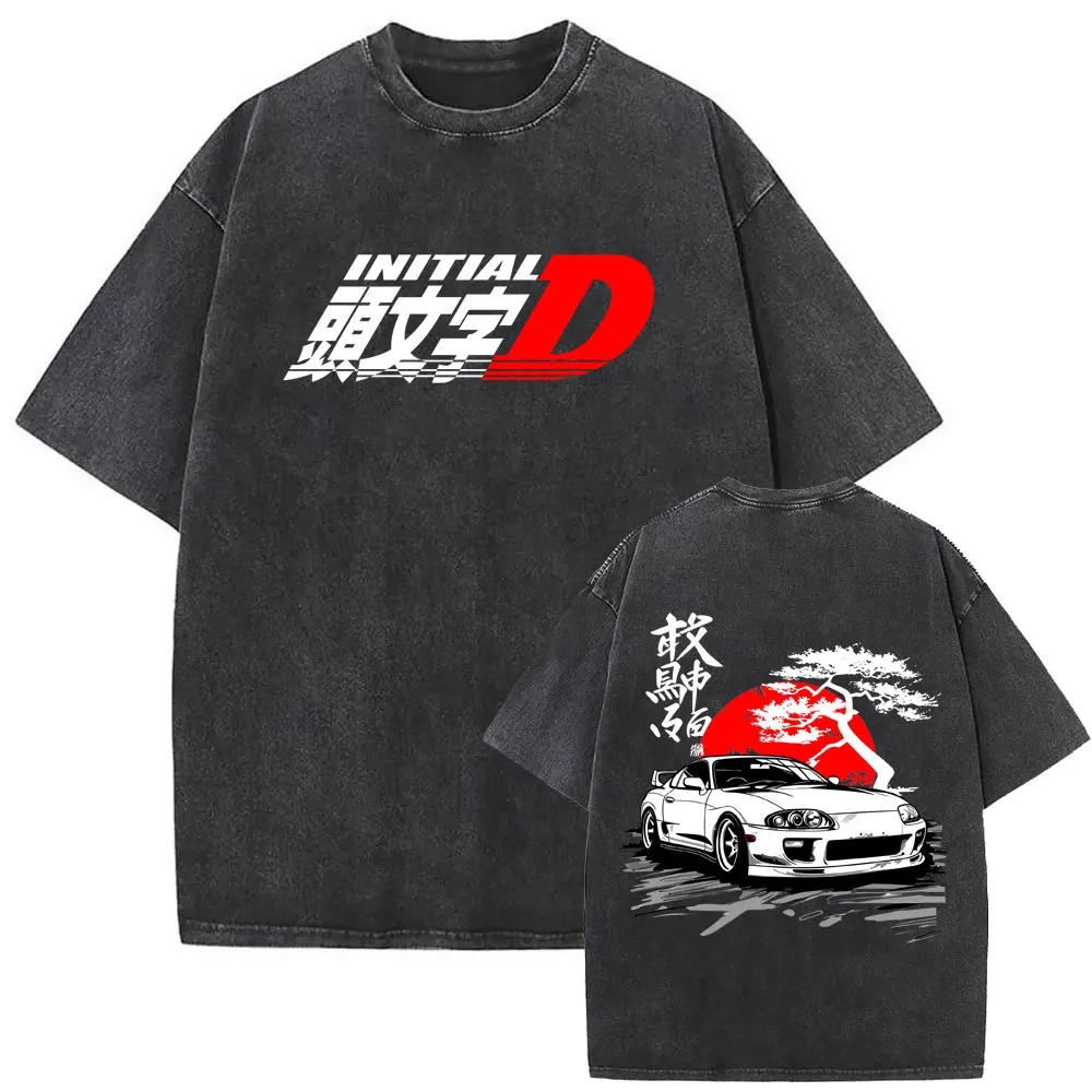 Anime Initial D Drift AE86 Takumi Fujiwara Washed Vintage T-shirt Men's Women Clothing Cartoon Manga Harajuku T Shirt Streetwear