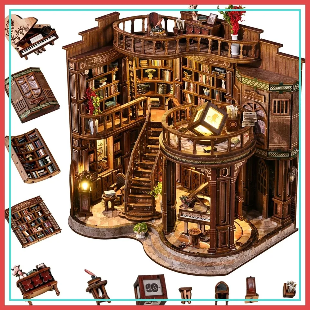 

DIY Miniature Book Nook Kit – 3D Wooden Puzzle with LED Lights, Vintage Library Decor, Creative Gift for Adults