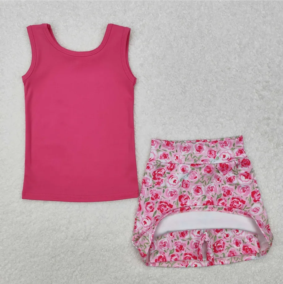 

Toddler short sleeve summer Baby Girls Pink Vest Flowers Skirt Yoga Active Wear Clothes Sport Dress With Under Shorts Acive Wear