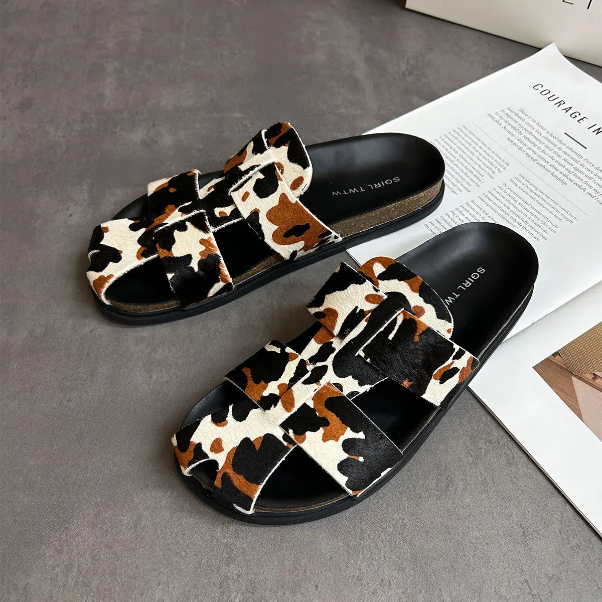 SGIRL TWTW Horsehair Genuine Leather Slippers Leopard Print Flat Sandals Women's H-Strap Open Toe Non-slip Casual Summer Slides