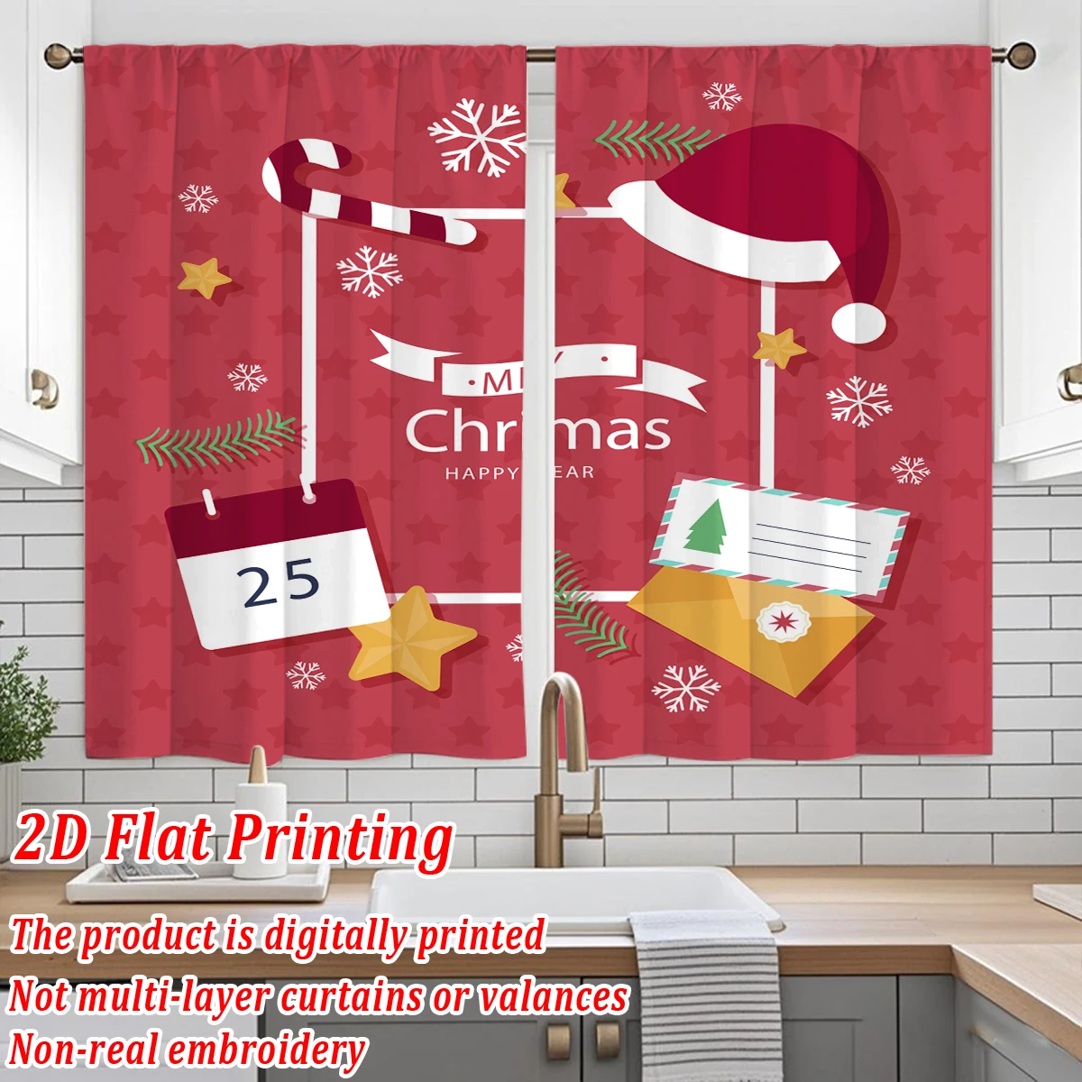 Cortinas de cocina con estampado plano de Navidad, con sombrero, copo de nieve, estrella, vacaciones, dulces, decoración para puerta y ventana del hogar