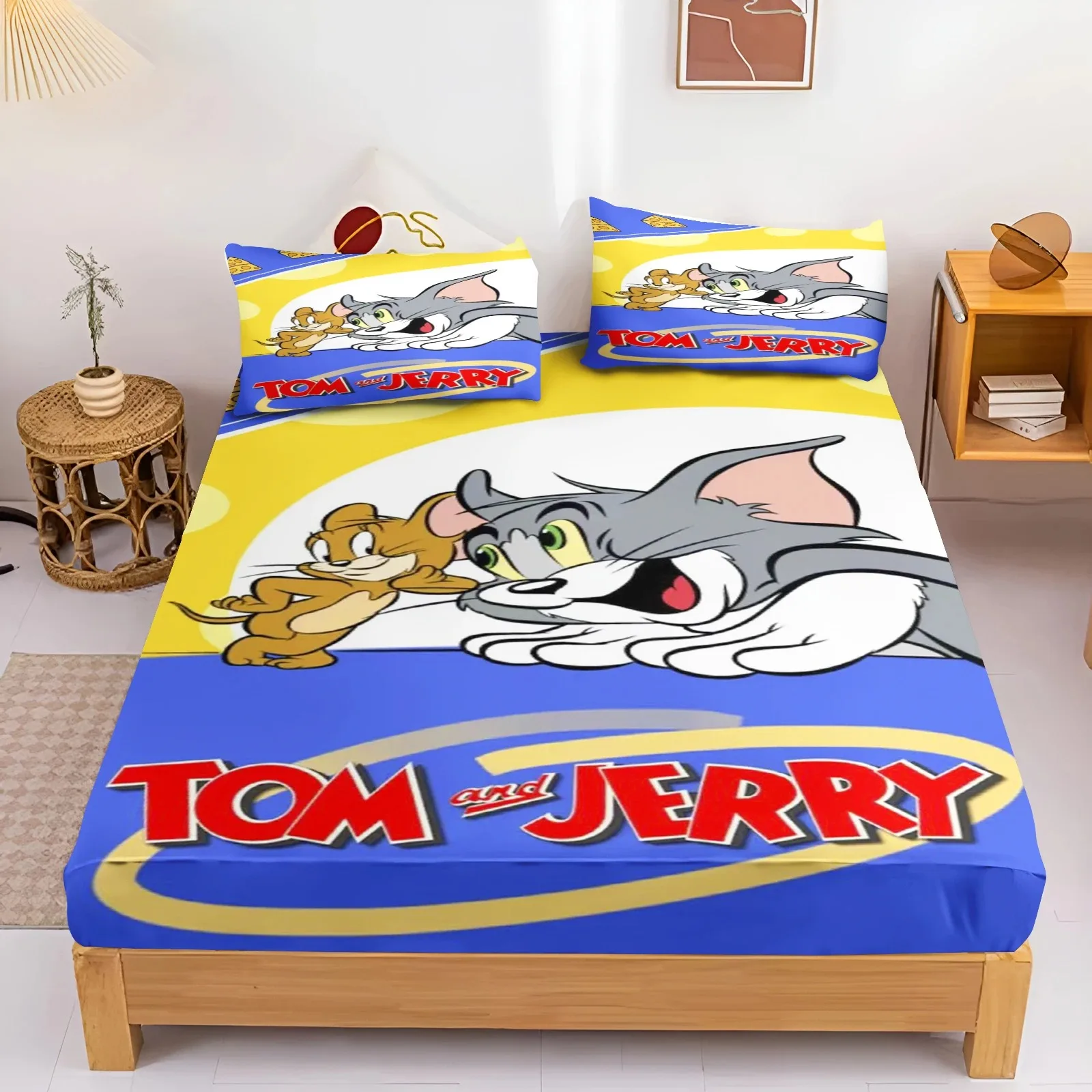 Tom And Jerry cartoon print fitted sheet, cute bedspread with pillowcase for bedroom, bedding set, home décor