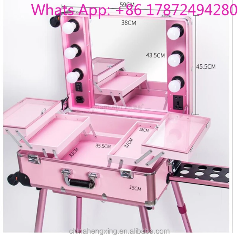 Multi-functional Professional Makeup Studio Suitcase Beauty Salon Led Lights Mirror  Cases with Retractable Legs