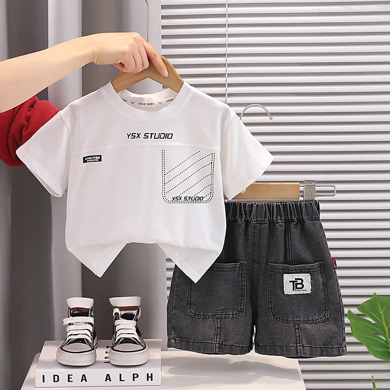 2026 Toddler Boys Infant Summer Clothes Set 0-5 Years Baby Boy Casual Short Sleeve T-shirts and Denim Shorts 2 Piece Kids Outfit