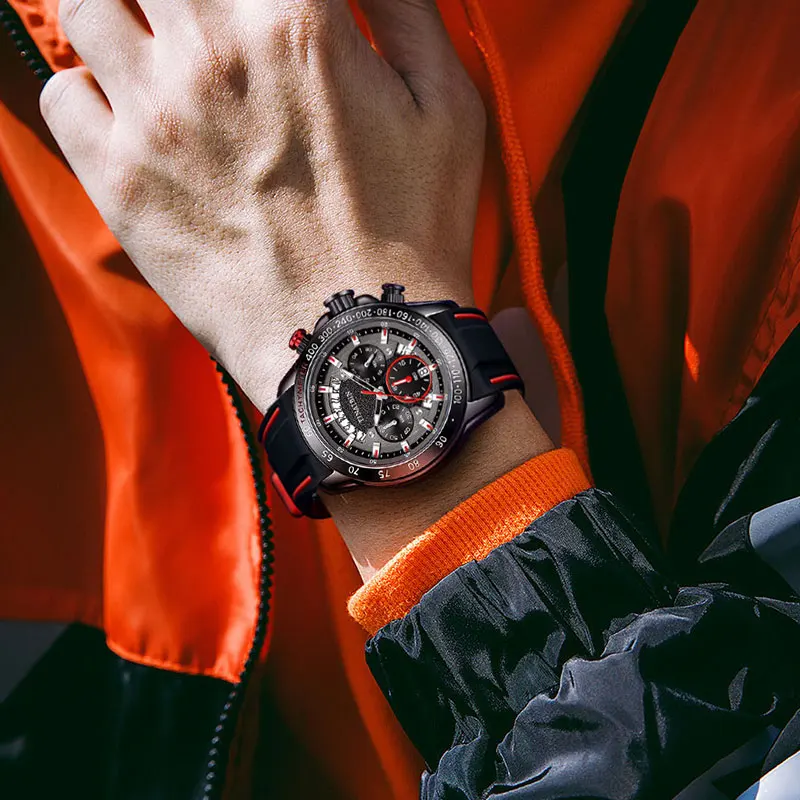 นาฬิกาข้อมือควอตซ์ซิลิโคนสีแดงสไตล์สปอร์ตสุดหรูวันที่นาฬิกาของผู้ชายเรืองแสง0091วันที่