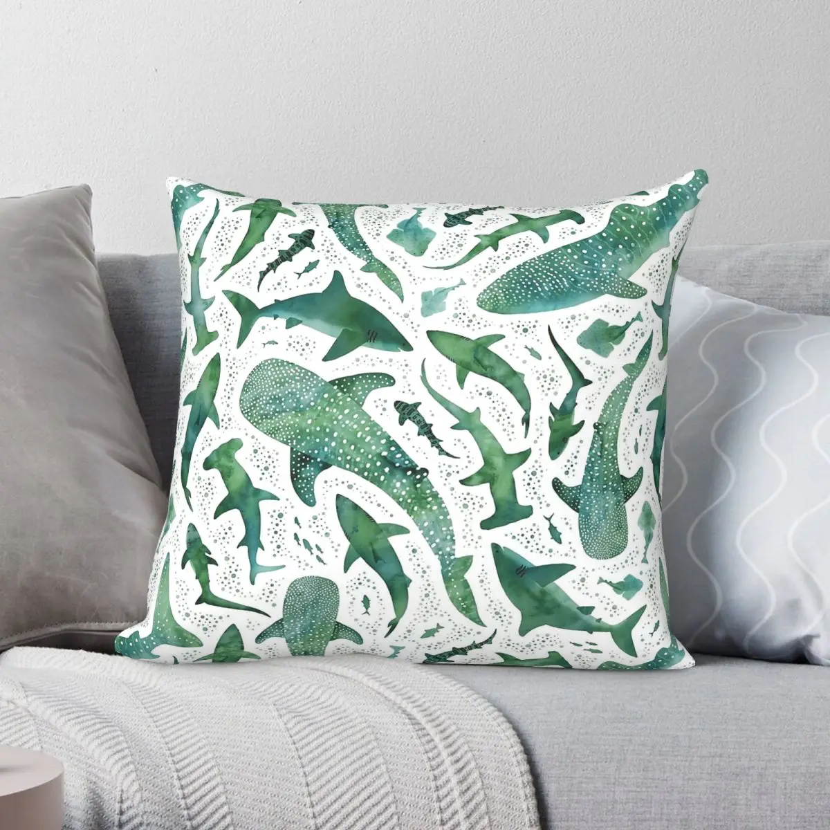 Green Shark Ocean On White Square Pillowcase Polyester Linen Velvet Pattern Zip Decor Throw Pillow Case Room Cushion Cover 45x45