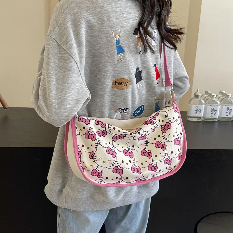 New Sanrio Hello Kitty Women's Tote Bag Underarm Bag Sweet Cute Portable HandBag Girl Large Capacity Fashion Canvas Shoulder Bag