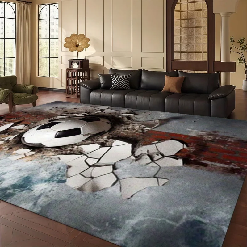 2D Cracked Wall Soccer Ball Print Large Area Rug Soft Flannel Non Slip Floor Carpet for Living Room Sports Kids Playroom Home