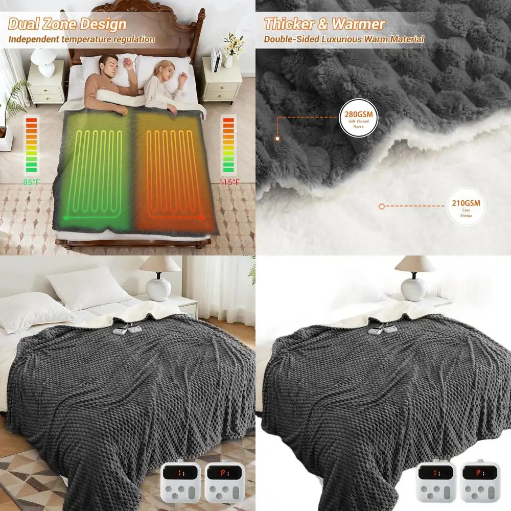 

King Size Electric Heated Blanket 90x100, Dual Control, 10 Heat Levels, Auto Shut Off, Soft Fleece, Machine Washable, Grey