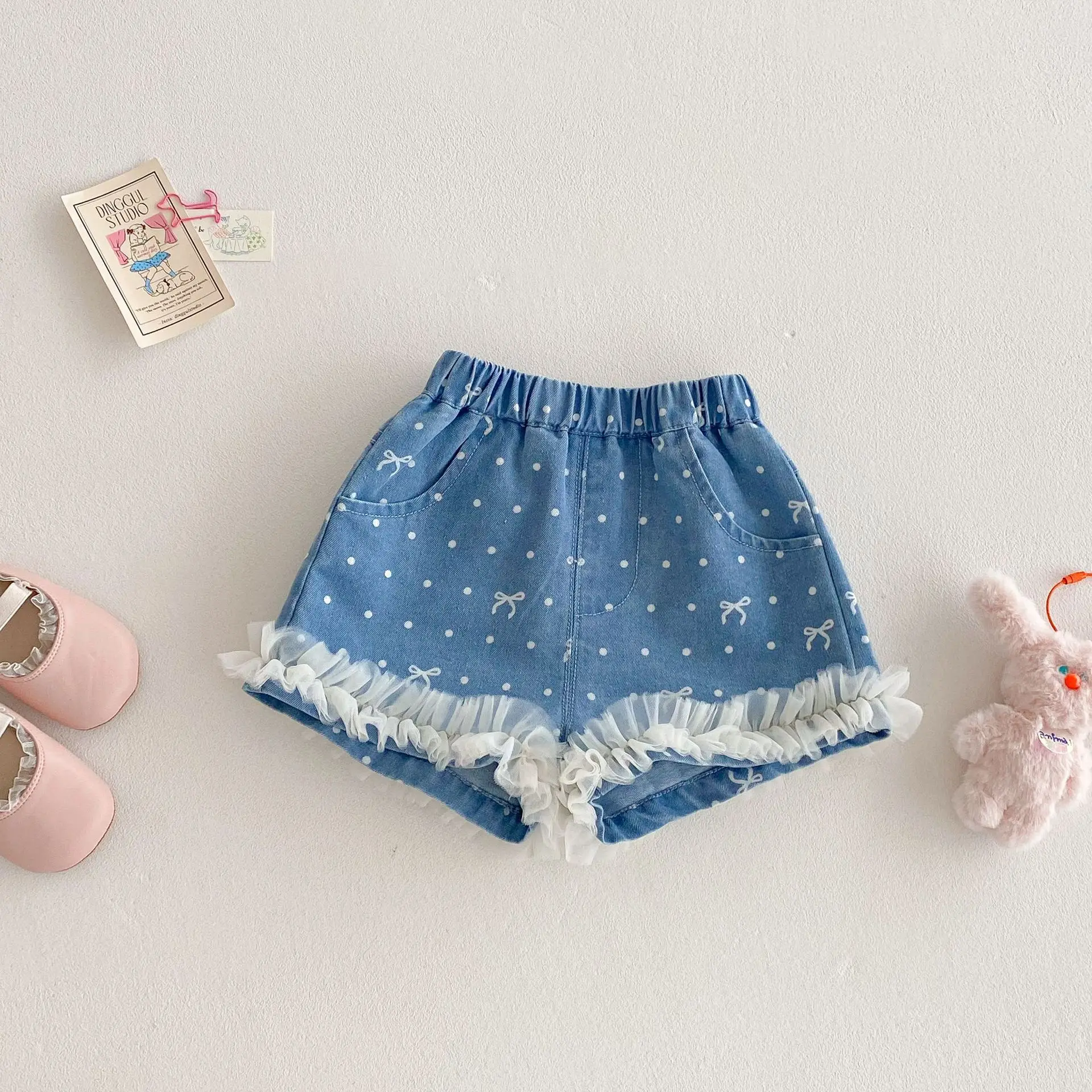Kids Girls Summer Cute Denim Shorts Dots Bows Print Patch Lace Wide Leg Blue Short Pants 1-5Y Children All-matched Jeans Bottom