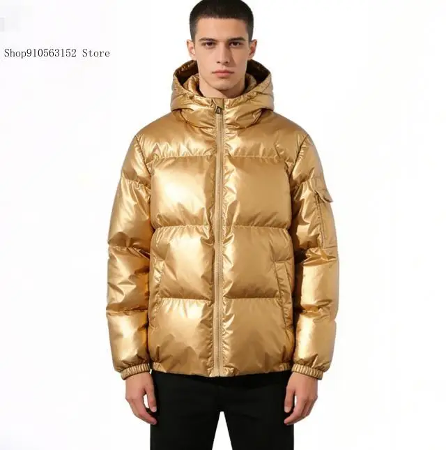 Autumn Winter Bright Shiny Puffer Cotton Jacket Men Short Hooded Youthful Trendy Loose Warm Casual Daily Outerwear