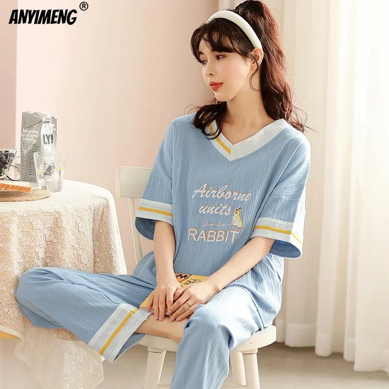 4XL 5XL Summer Pijamas Set for Women Strip Loungewear Short Sleeve Long Pants Lady Pajamas Cartoon Sleepwear Girl Cotton Pijamas