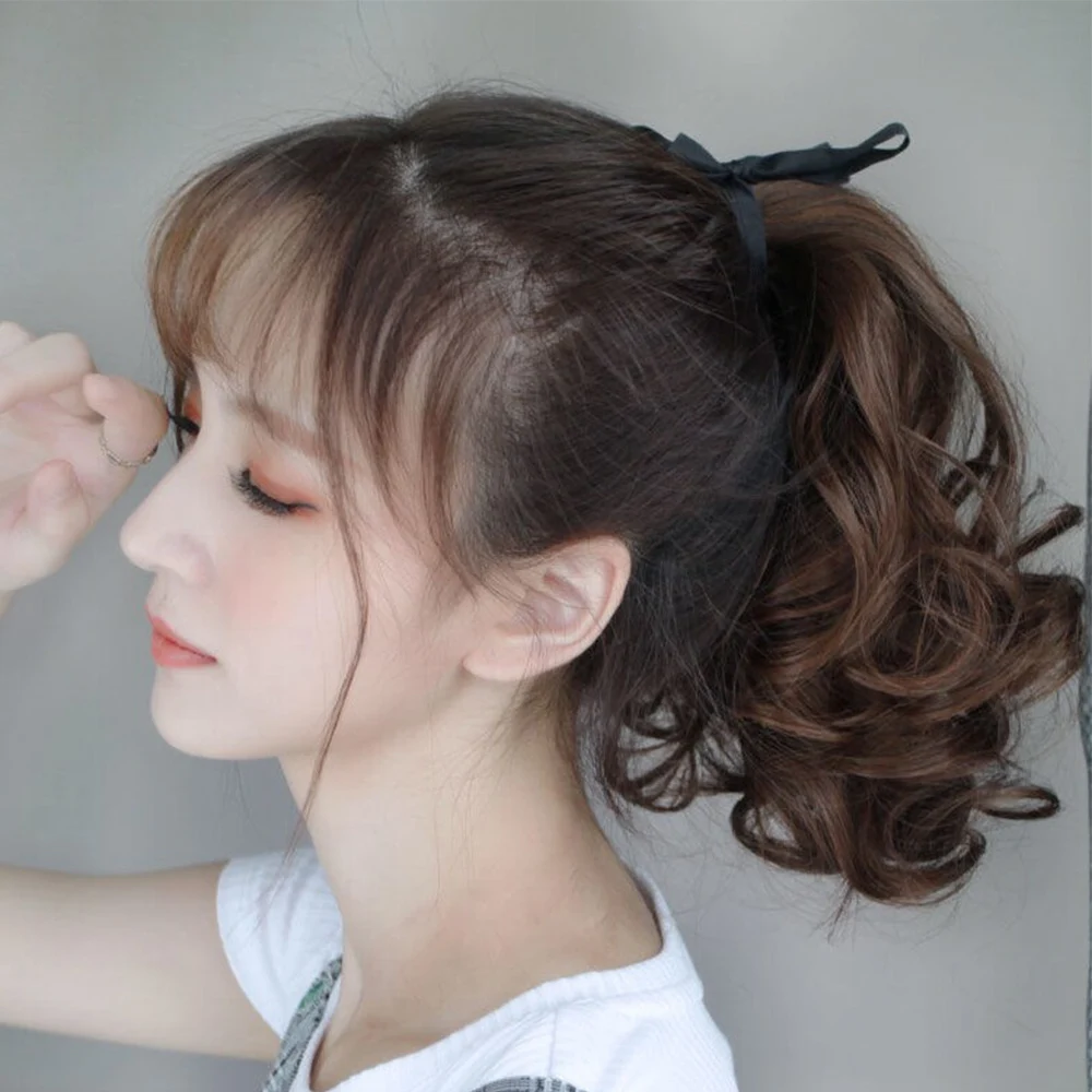 8Inch Synthetic Short Curly Ponytail Drawstring Wrap Around Clip in Hair Extension Black Brown Hairpeice for Women