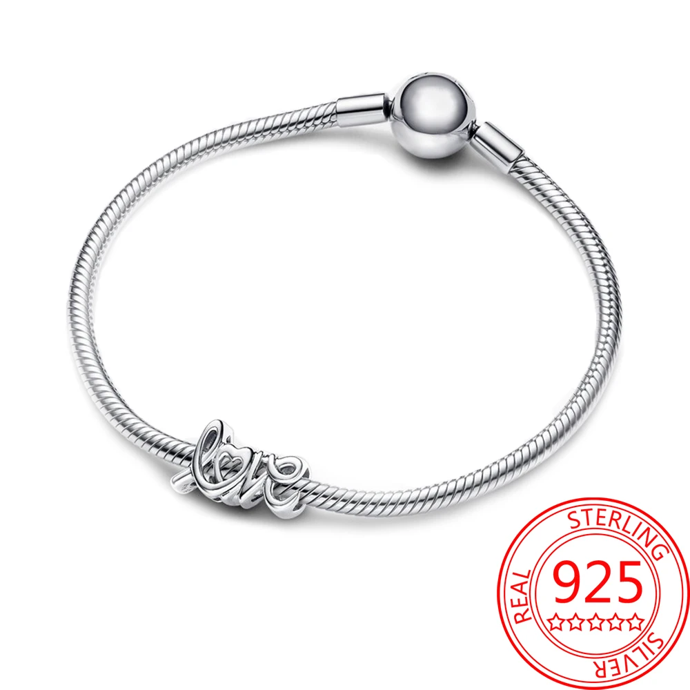 925 Sterling Silver Manuscrito Amor Charme, Fit DIY Pulseira e Colares Jóias, Simplicidade Charme