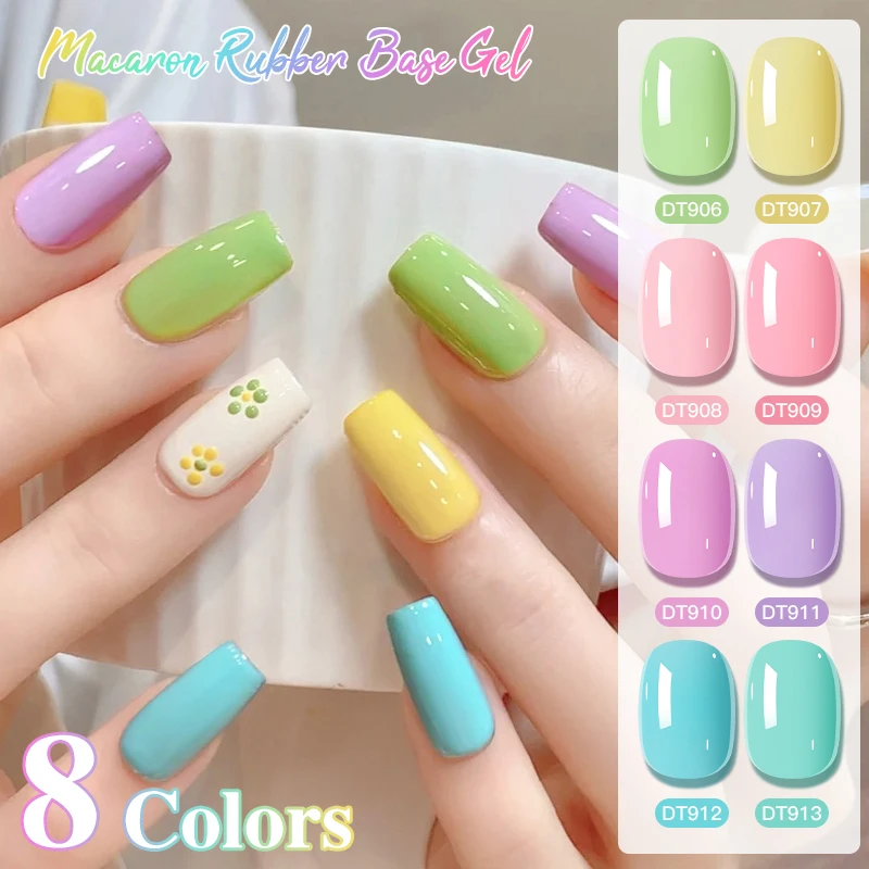 7ml 2-in-1 Rubber Base Gel Nail Polish Set Spring Summer Macaron Colors Pink Yellow Green Blue UV LED Soak Off Nail Art