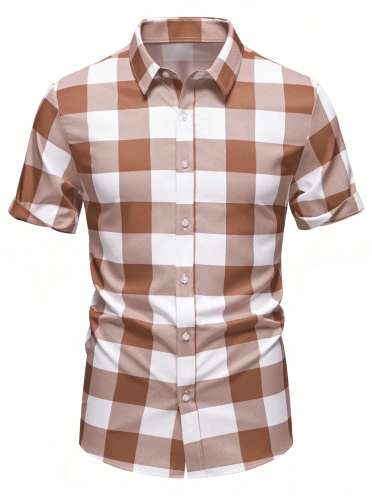 Casual Men's Checkered Shirt: Stylish and Versatile Summer Print Short-Sleeve Shirt with A Slim Fit and Button-Down Collar