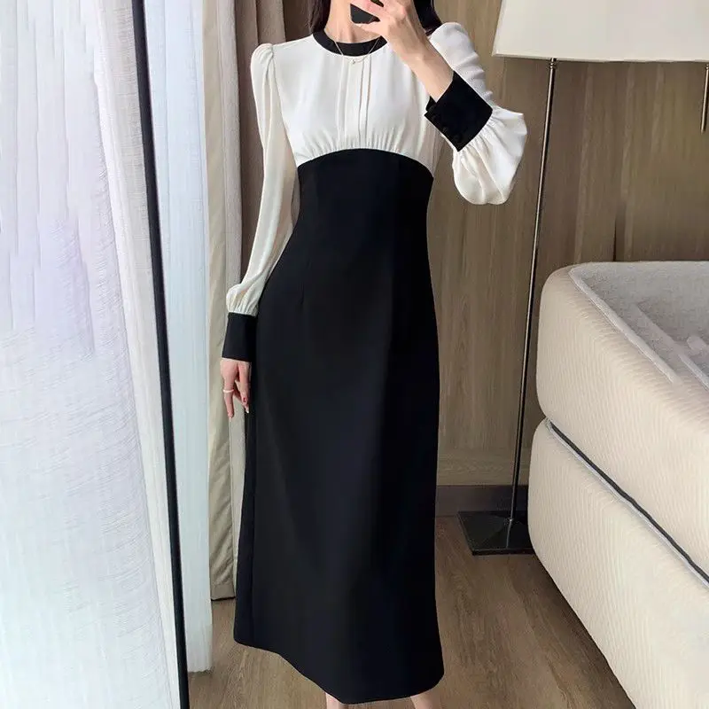 Temperament Vintage Autumn Dresses Women O-Neck Patchwork Fashion Office Lady Elegant Long Sleeve Slim A-line Mid-length Dress