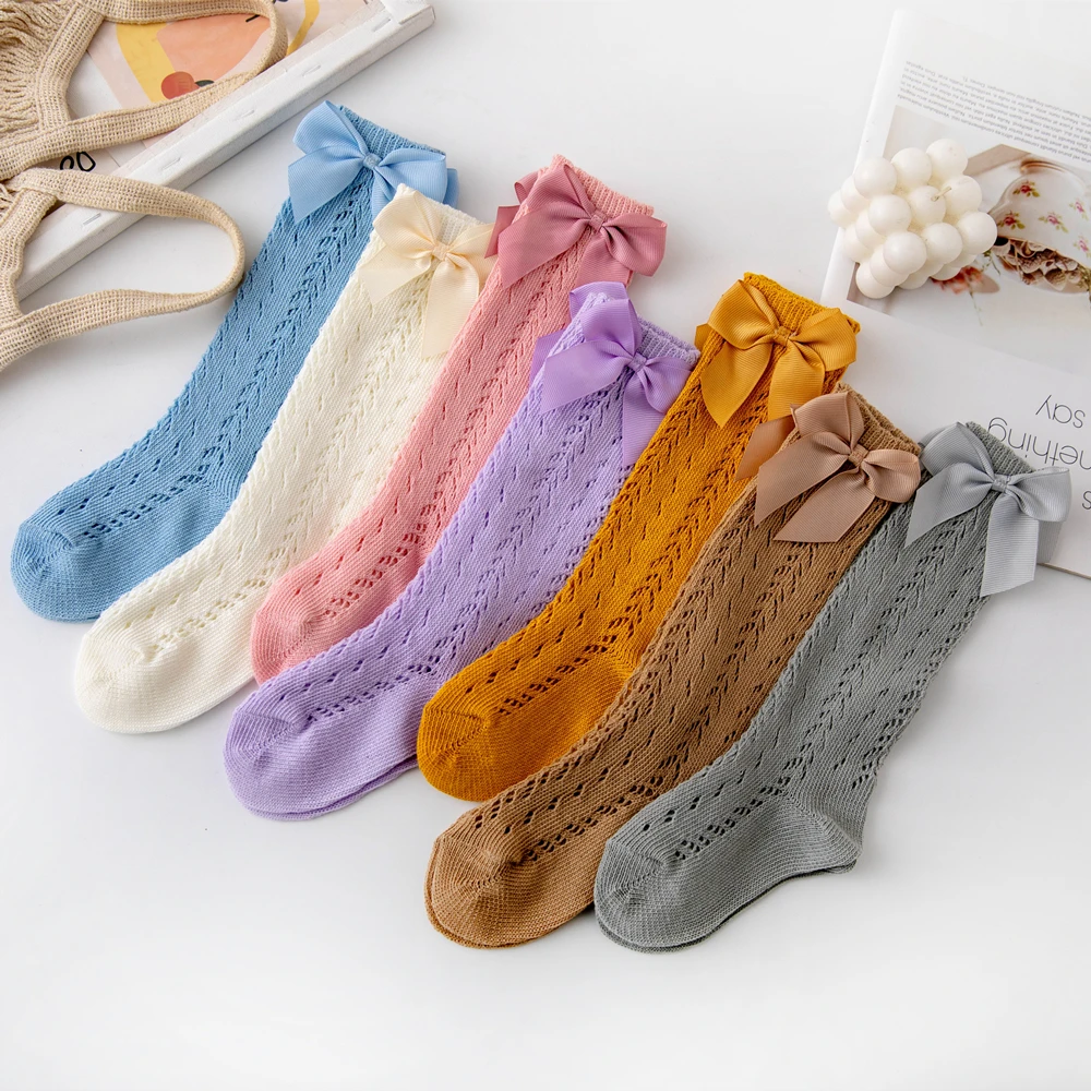 New Summer Bow Baby Girls Socks Toddler Long Sock Infant Knee High Cotton Mesh Spanish Style Breathable Socks For 0-8Years