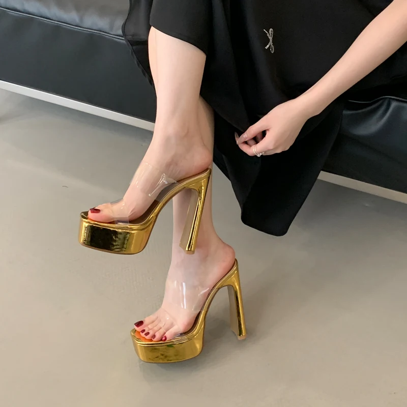 

Сандалии на платформе золотого и серебряного цвета, женские прозрачные шлепанцы без шнуровки из ПВХ на массивном высоком каблуке с квадратным носком, вечерние повседневные туфли-лодочки