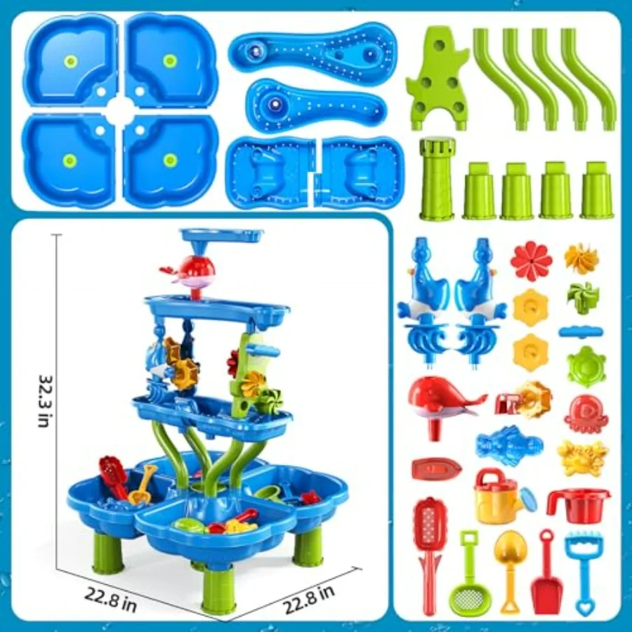 Water Table for Toddlers 1-3, Outdoor Plastic Blue Sensory Playset for Beach Backyard Pool Splash Activities
