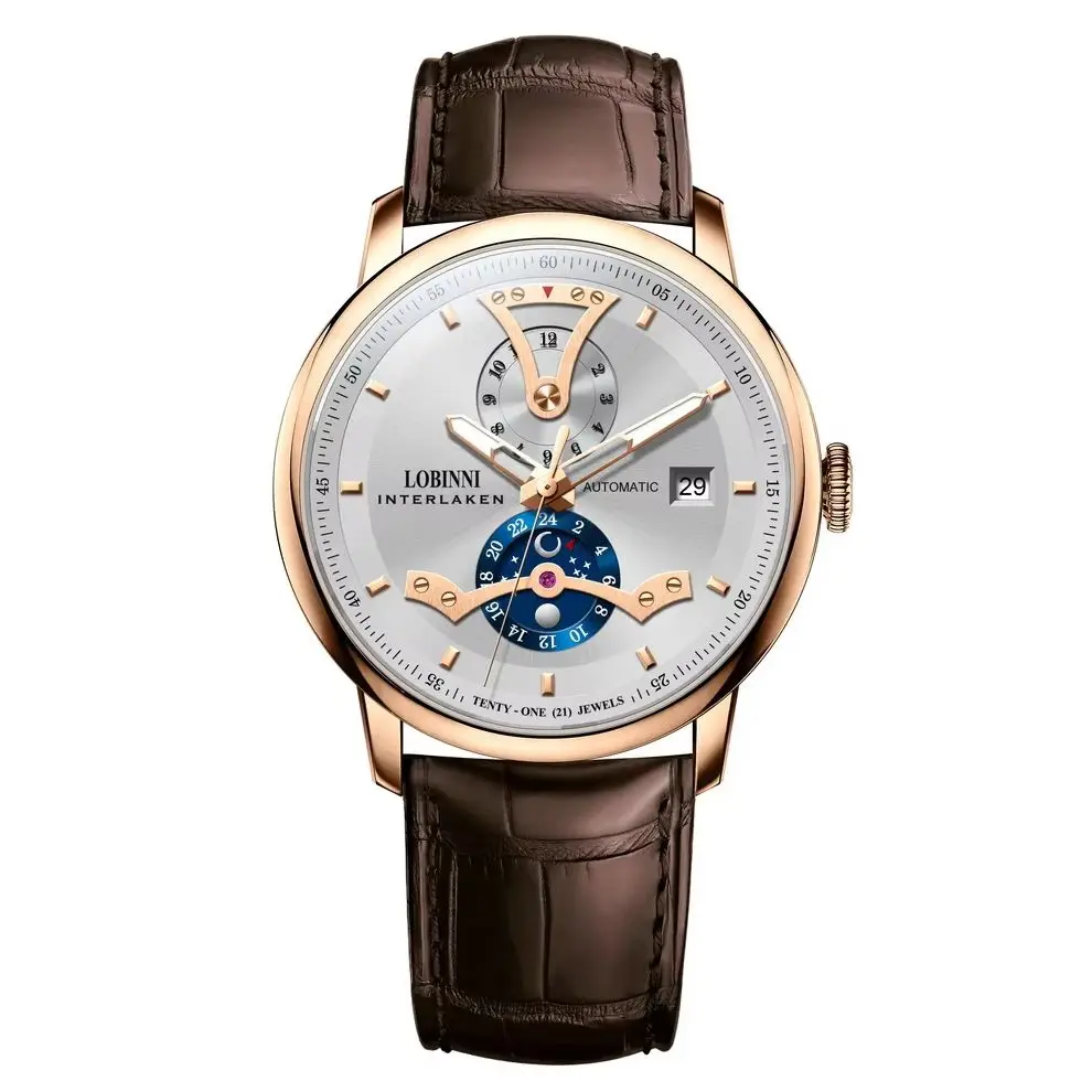 LOBINNI Men Automatic Watch Business 41mm Mechanical Wristwatch Sapphire Mirror Luminous Multi-Dial Month Date 24 Hours