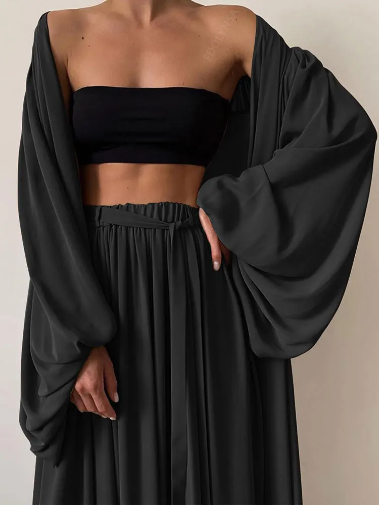 Sexy Solid Color Three-Piece Set 2023 Autumn Women Tube Top Beach Dress Crop Top Trousers Long Sleeve Cardigan 3 Piece Set A1642