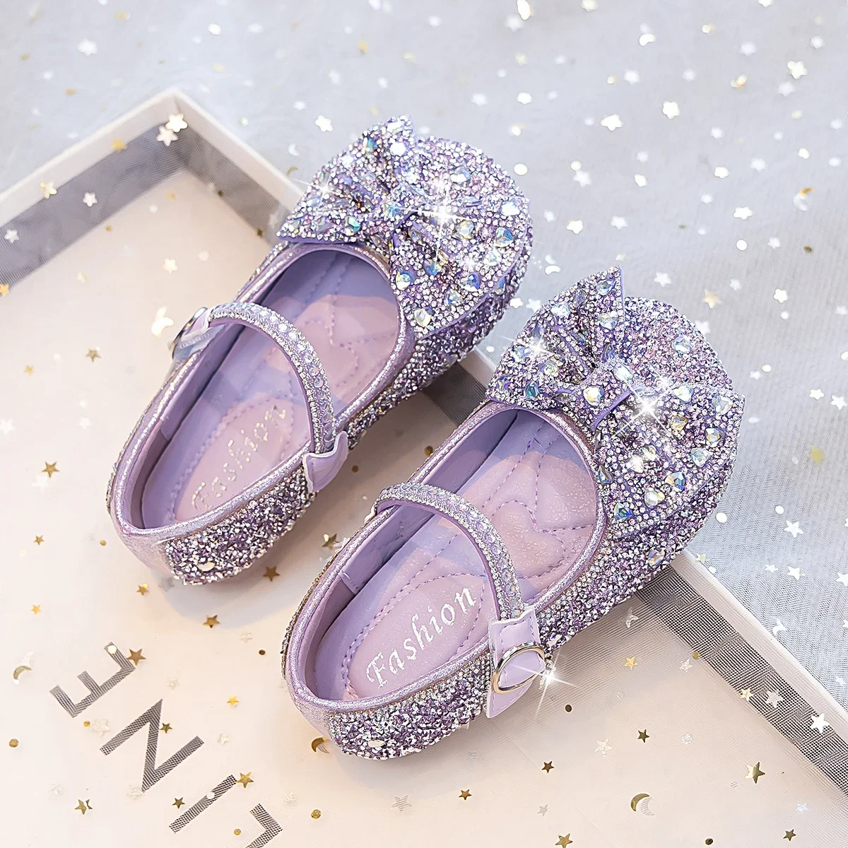 Toddler Girls Sparkly Rhinestone Princess Flat Shoes, Spring Autumn Bow Decor Glitter Dress Shoes, Party Wedding Birthday