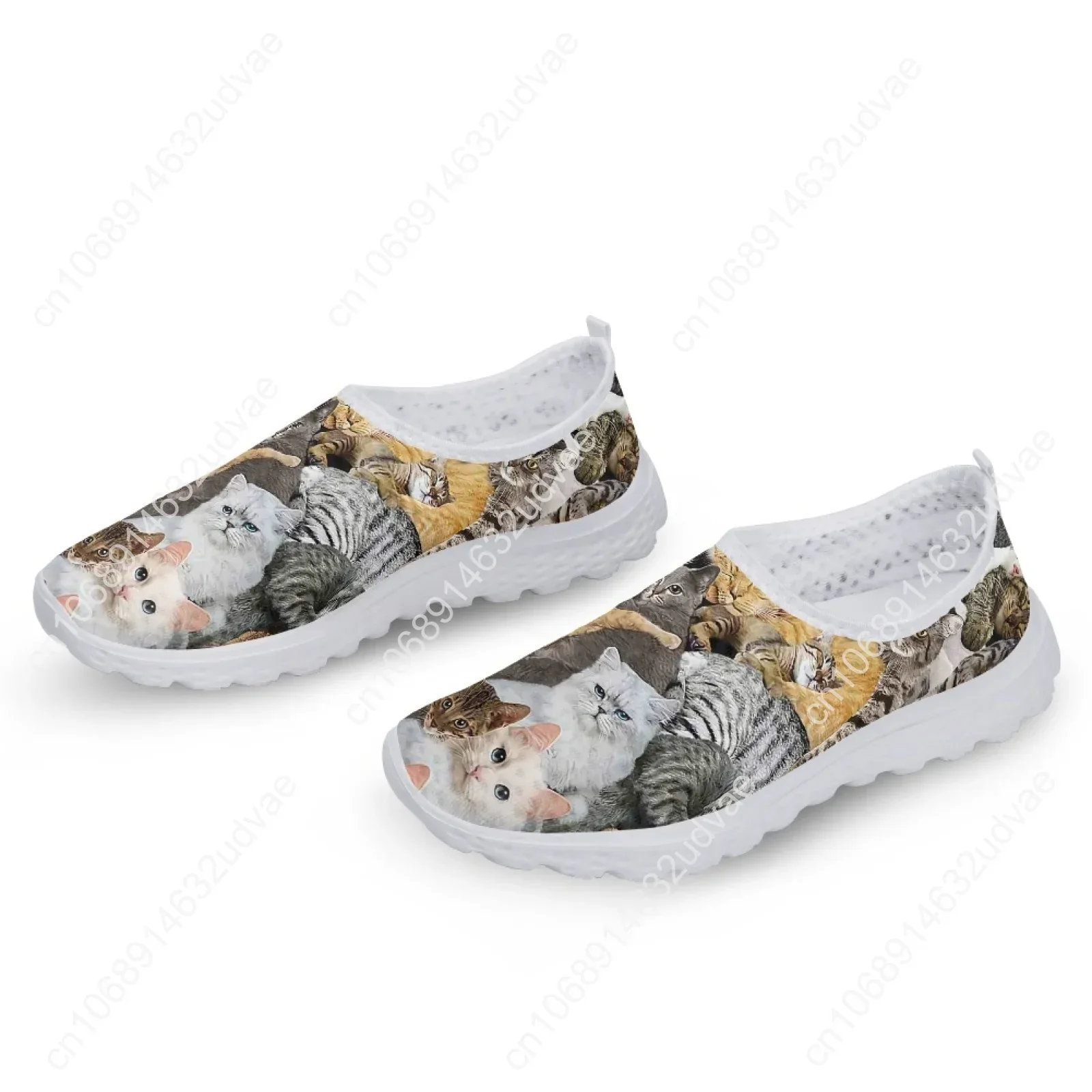 Cute 3D Cat Printing Female Mesh Sneakers Breathable Slip-on Loafers Lightweight Women Flat Shoes Casual Footwear
