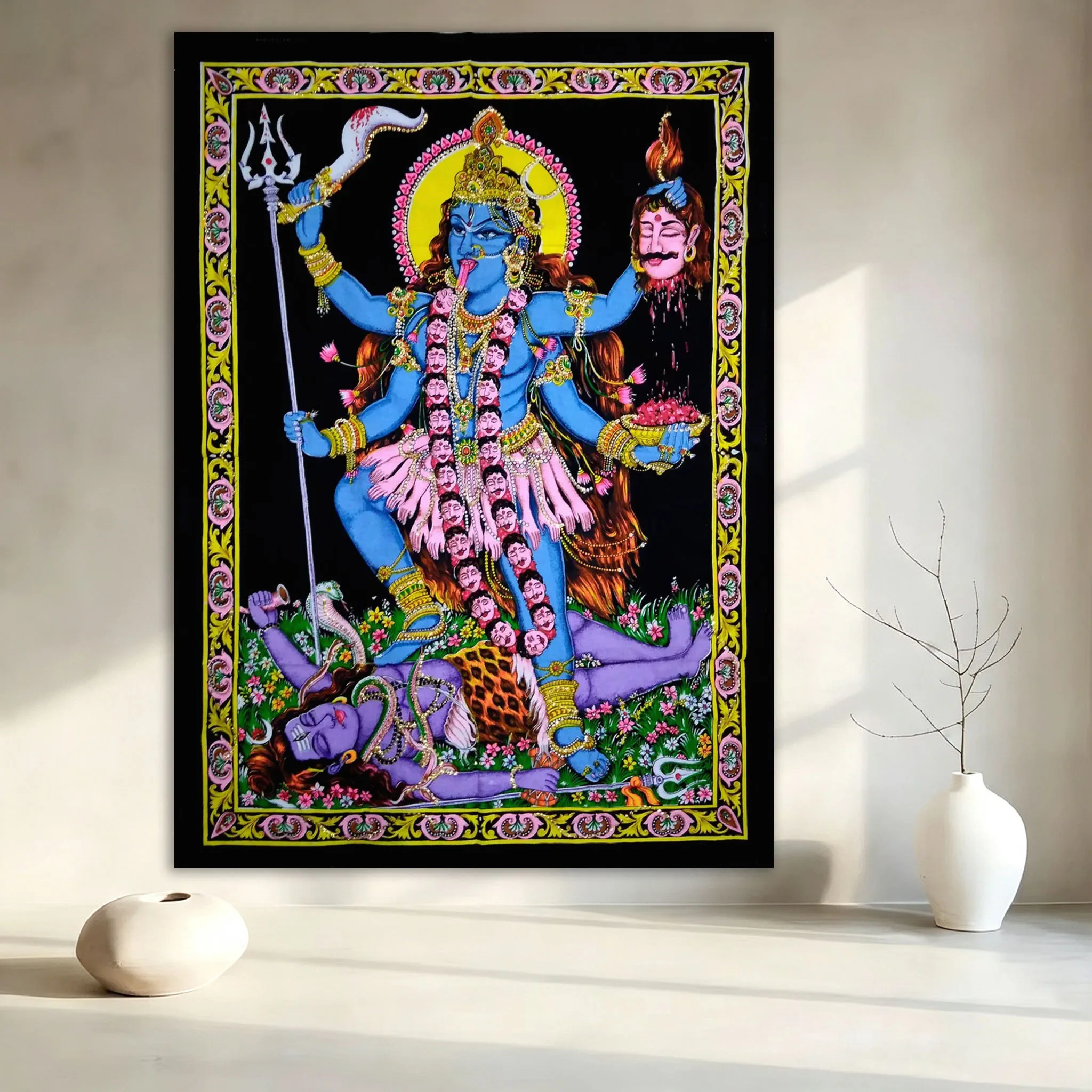 Goddess Kali Painting Tapestry, Religion Wall Hanging for Dorm Bedroom Living Room, House Decor, Indian Goddess Hanging Painting