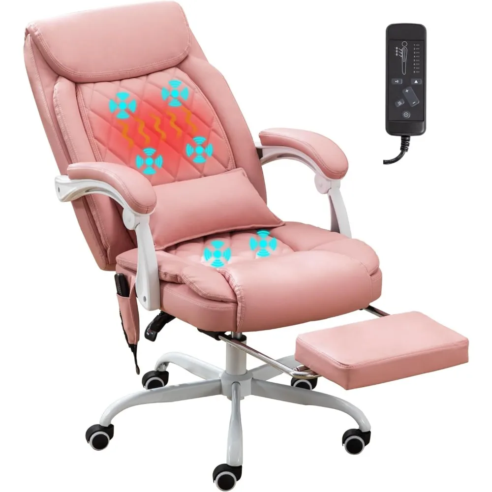 High back Massage office chair with heating, 45° reclining ergonomic office chair with pedals, pink leather computer chair