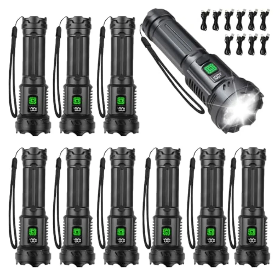 10 Pack Rechargeable Flashlights, High Lumens Handheld Torch, 12H Runtime, Durable Aluminum Body, 9 Modes, IPX5 Waterproof, Ide