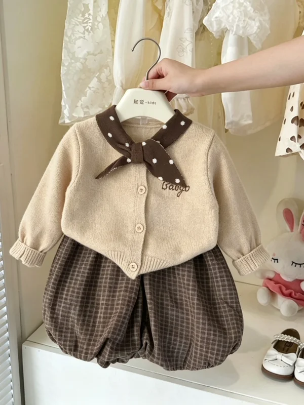 Girls Knitted Open Cardigan And Plaid Pumpkin Pants Set Casual Autumn Outfit Two Piece Set Trendy And Comfortable for Kids