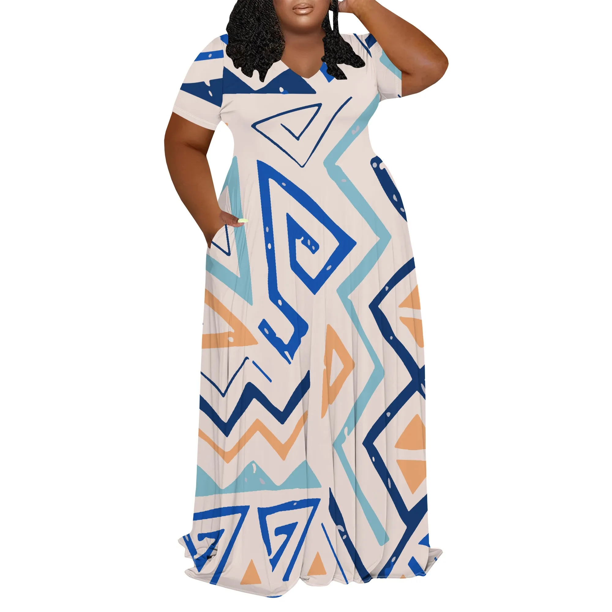 ﻿   Vestido feminino plus size verão 3D fashion estampado vestido maxi de manga curta com decote em V (com bolsos)