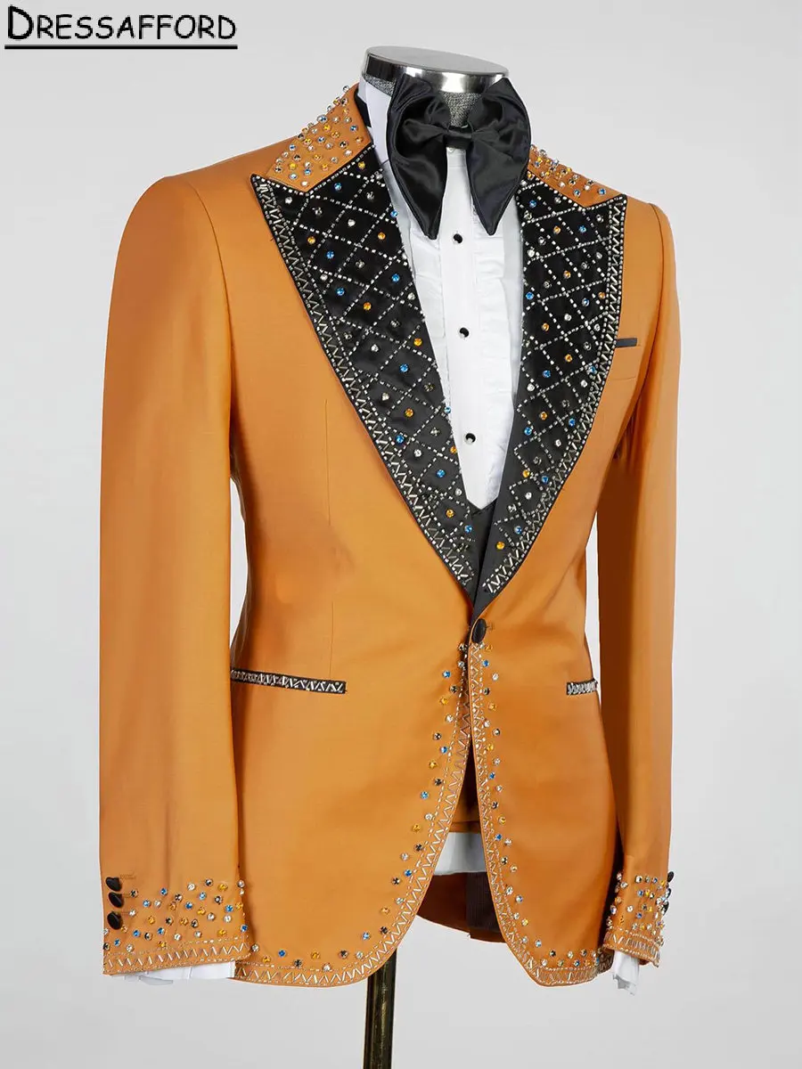 

Orange Crystal Beading Evening Party Men Suits Three Pieces Blazer Groom Wear ( Jacket+Vest+Pants )