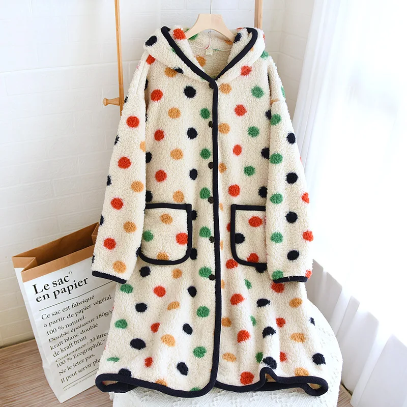 Lamb Wool Padded Thermal Night-Robe Small Colored Polka Dots Long-Sleeved Home Sleepwear 2023 Winter Loose Warm Women Pajamas